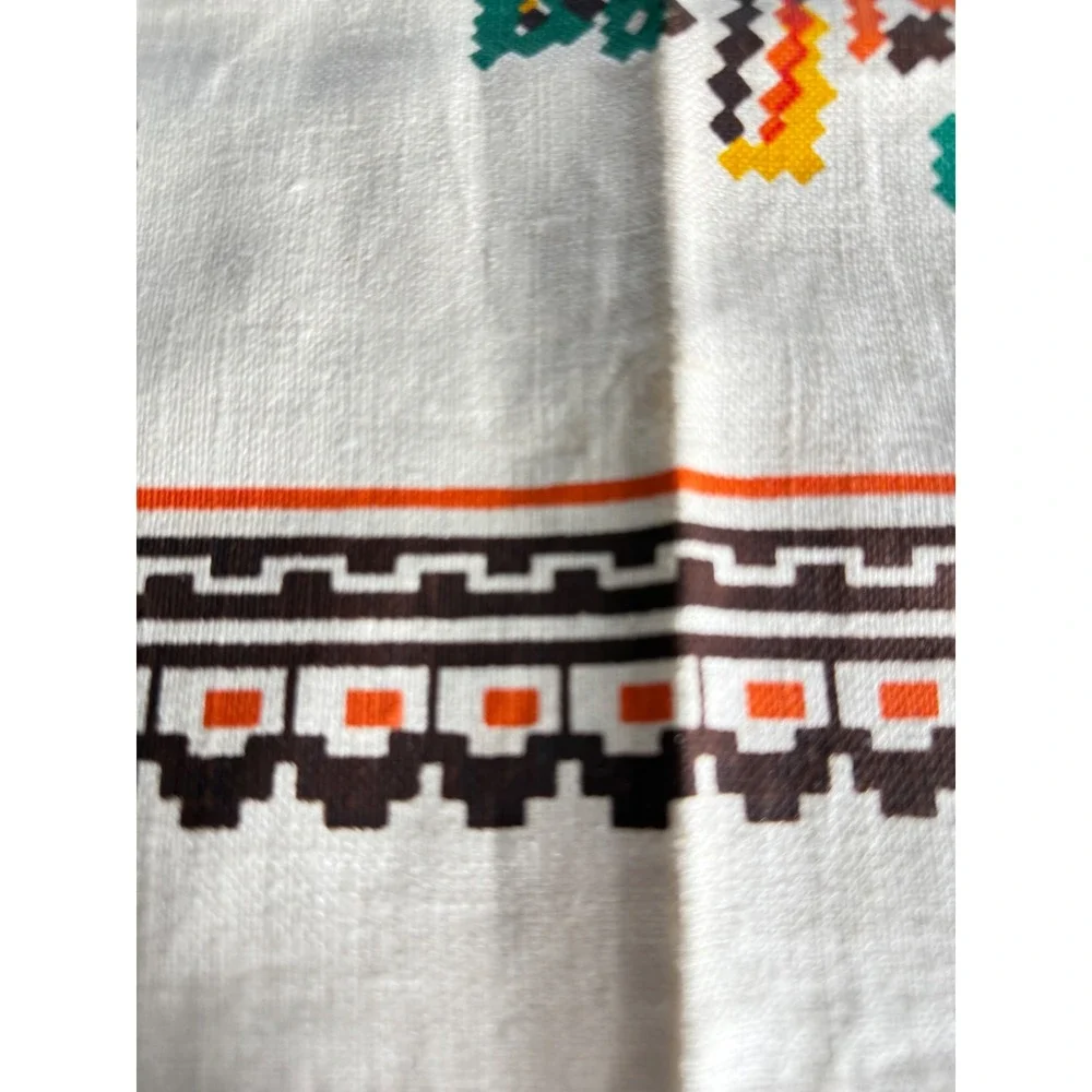 VTG Floral Cross Stitch Print Linen Tablecloth Cream Orange 51x26 Mid Century‎